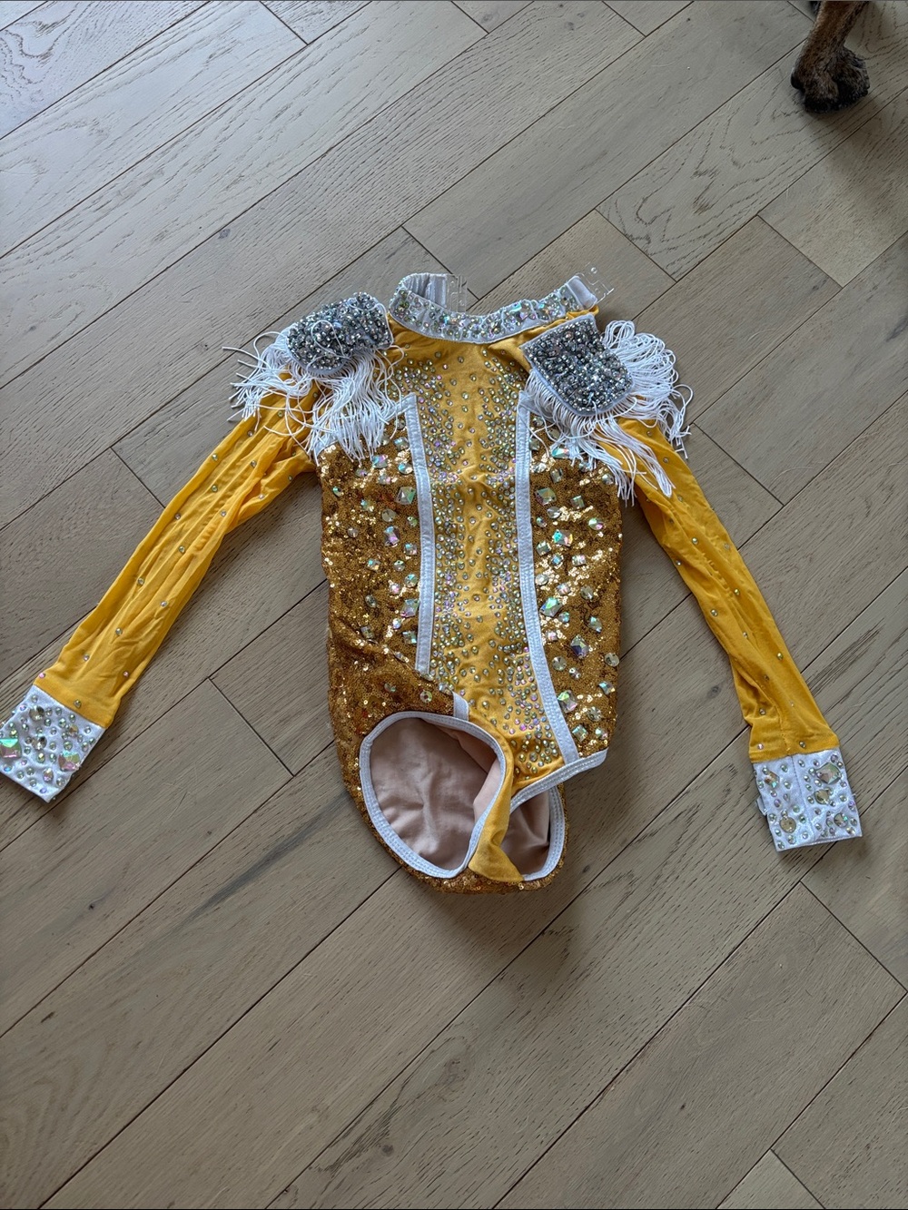 Glamour Yellow Sequin Dance Leotard with Fringe and Crystal Accents
